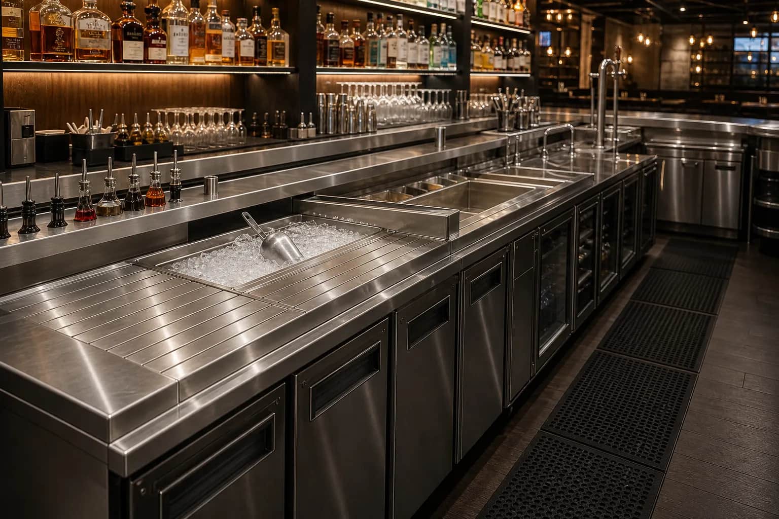 Custom stainless bar top with draft towers by Low's Custom Stainless