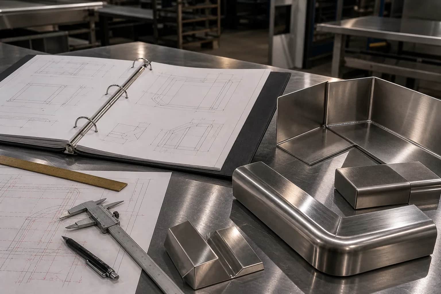 Formed stainless trim profiles with measuring tools in the Low's shop