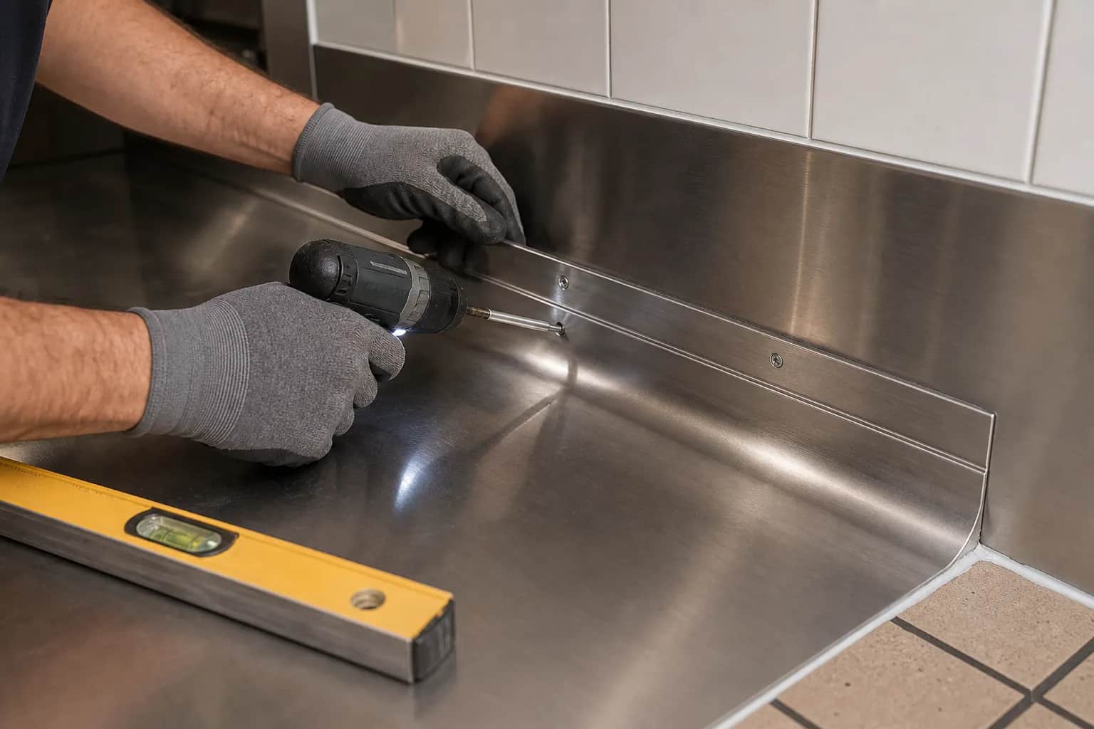 Hands fitting a hemmed stainless panel