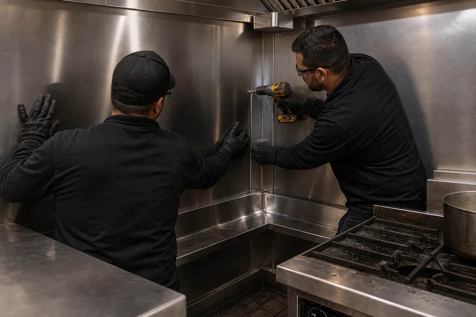 Crew installing stainless wall panels behind a cook line