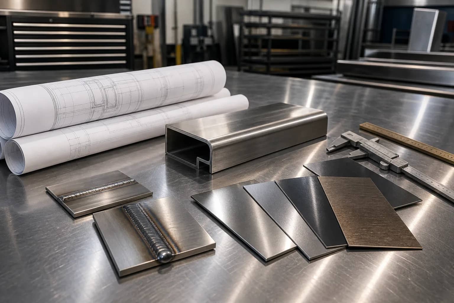 Formed stainless trim parts with drawings and calipers in the Low's shop