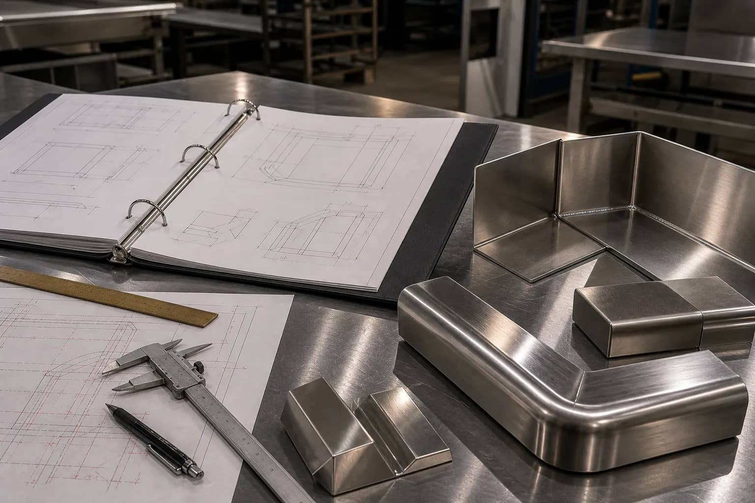 Formed stainless trim profiles with measuring tools in the Low's shop