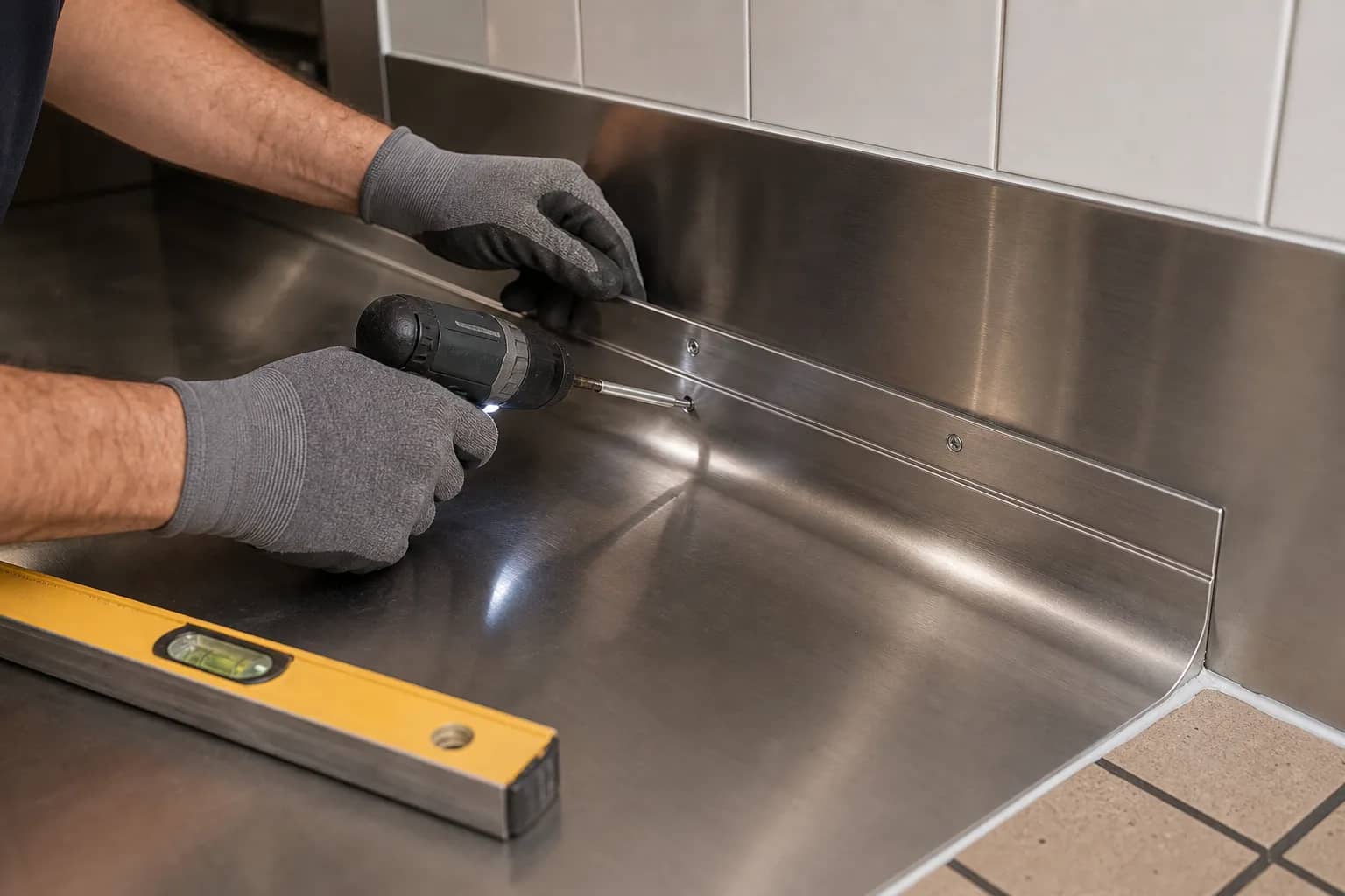 Hands fitting a hemmed stainless panel