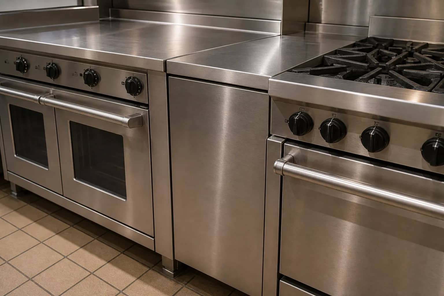 Commercial ranges under a stainless hood line