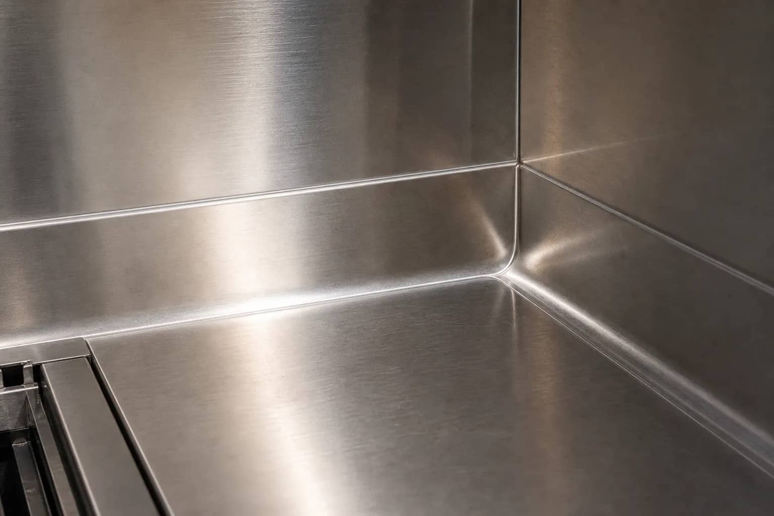 Stainless corner and splash detail in a commercial kitchen