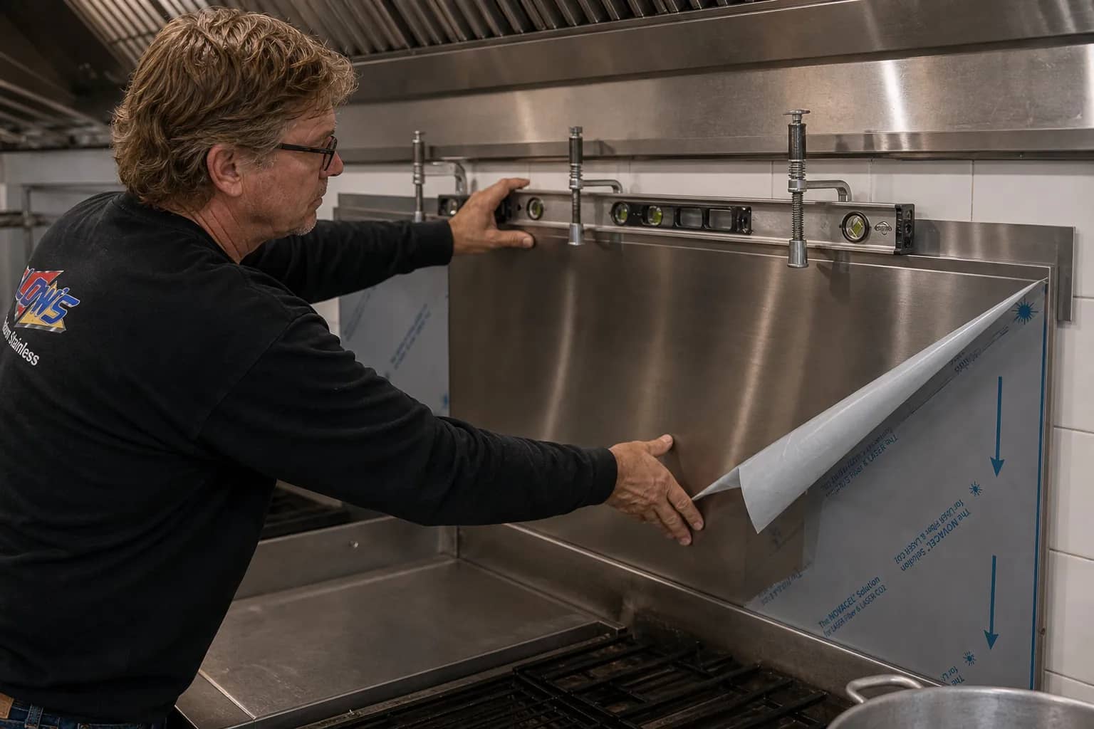 Fitting a stainless backsplash panel behind a cook line