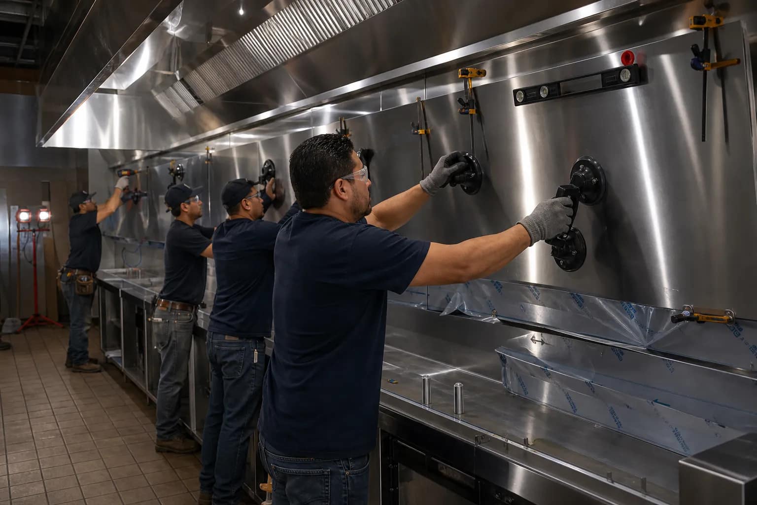 Low's Custom Stainless crew installing and leveling a counter on site