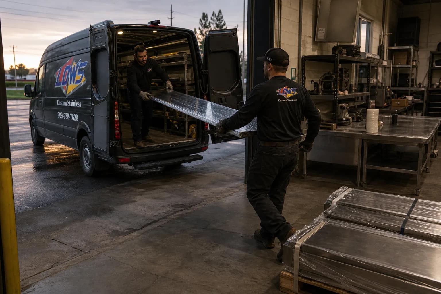 Loading finished stainless into the Low's Custom Stainless van for delivery
