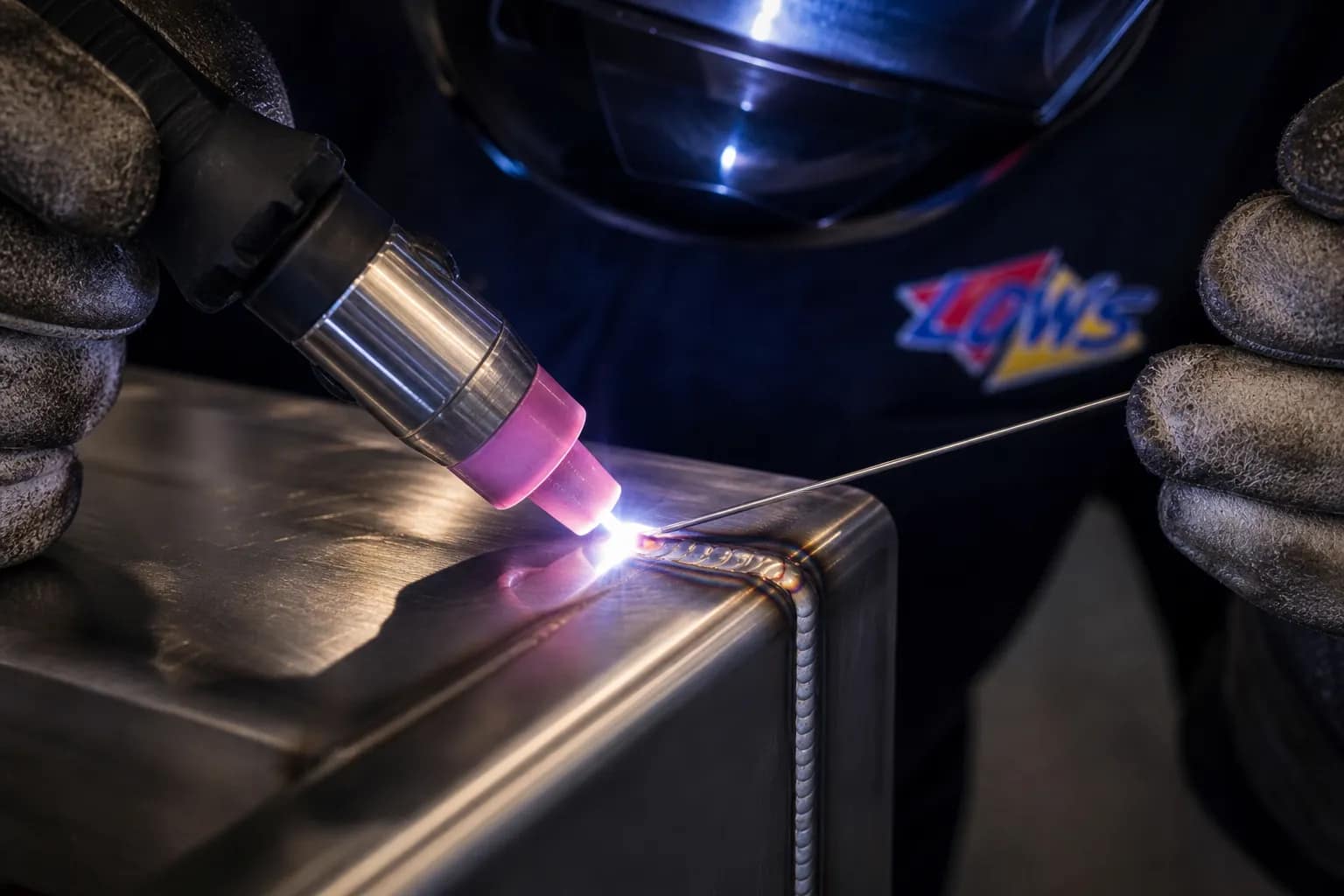 TIG welding a stainless corner seam in the Low's shop