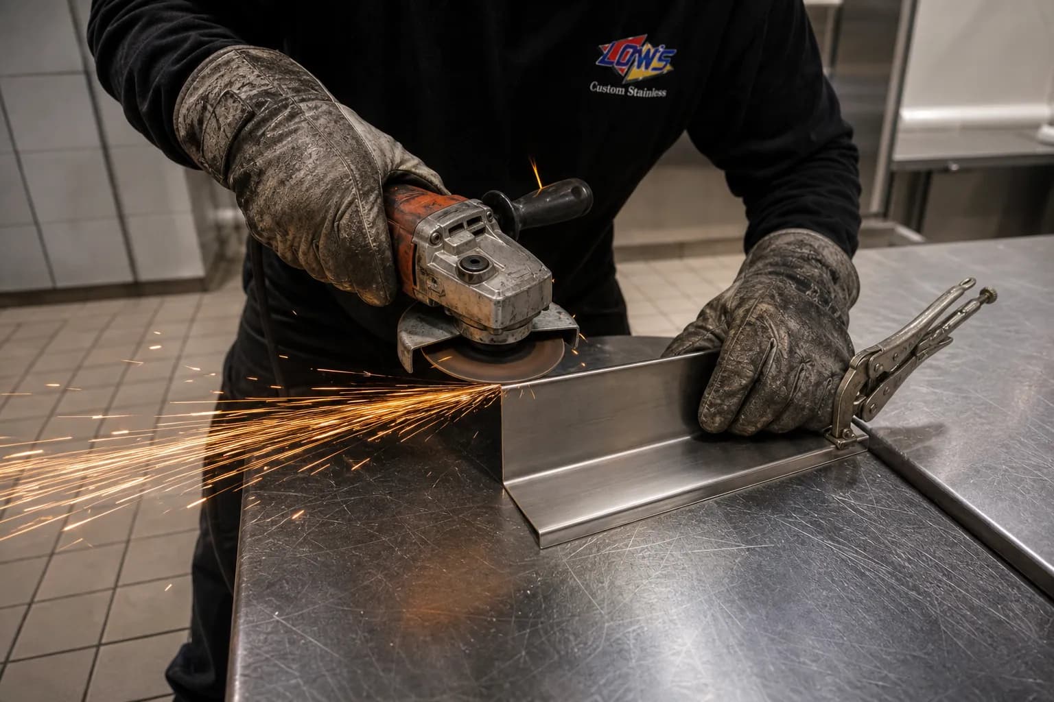 Grinding and blending a stainless seam in the Low's Custom Stainless shop