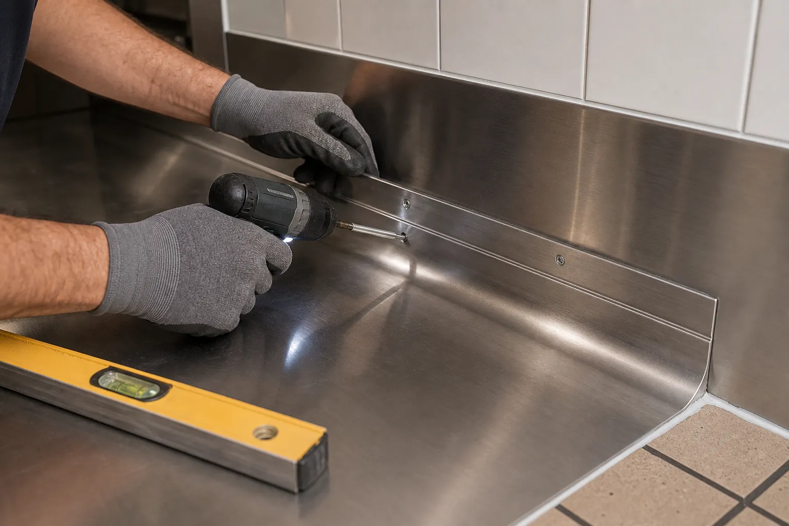 Hands fitting a hemmed stainless panel