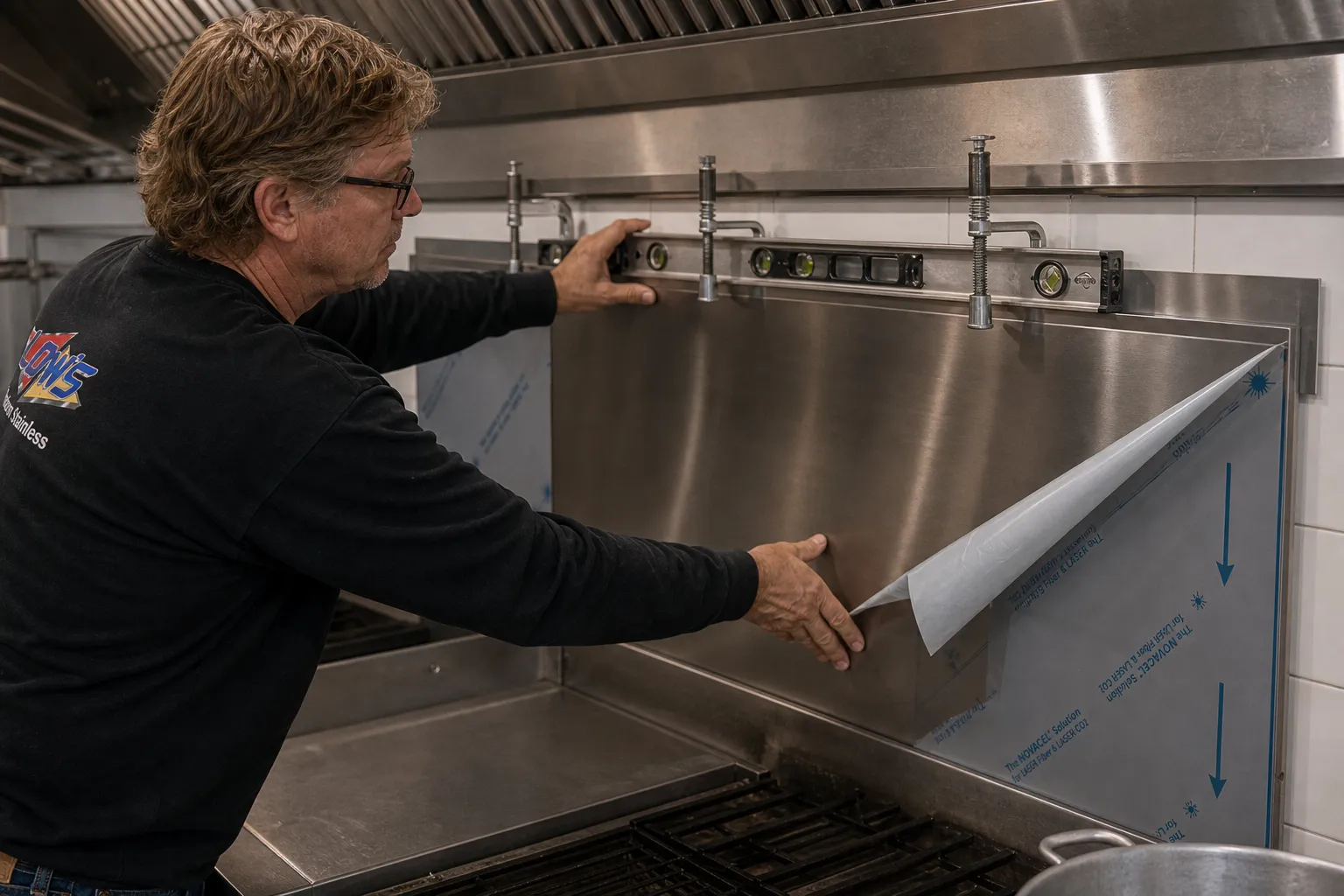 Fitting a stainless backsplash panel behind a cook line