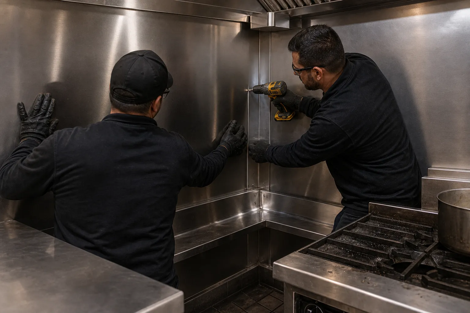Crew installing stainless wall panels behind a cook line