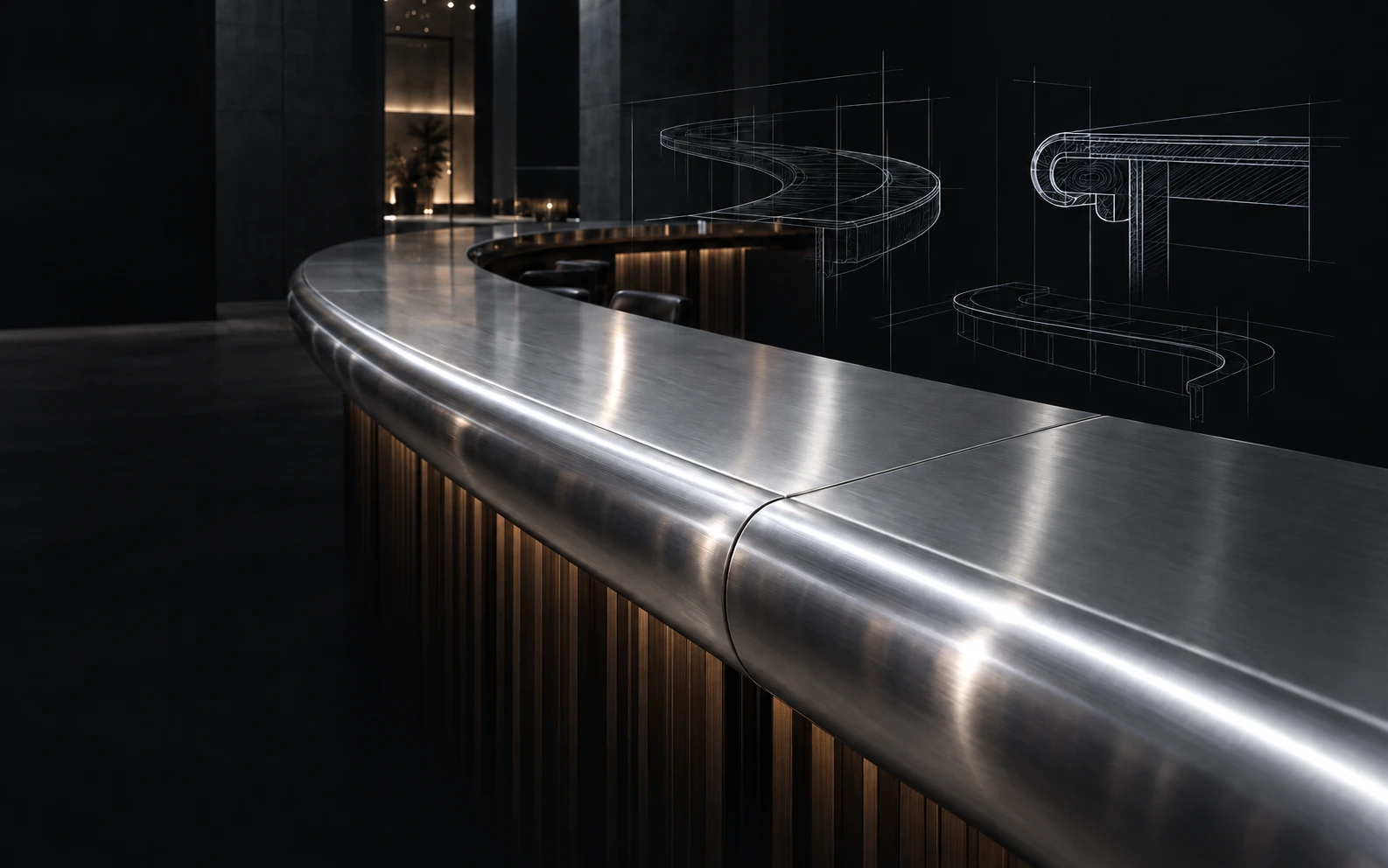 Stainless bar top within the finished interior