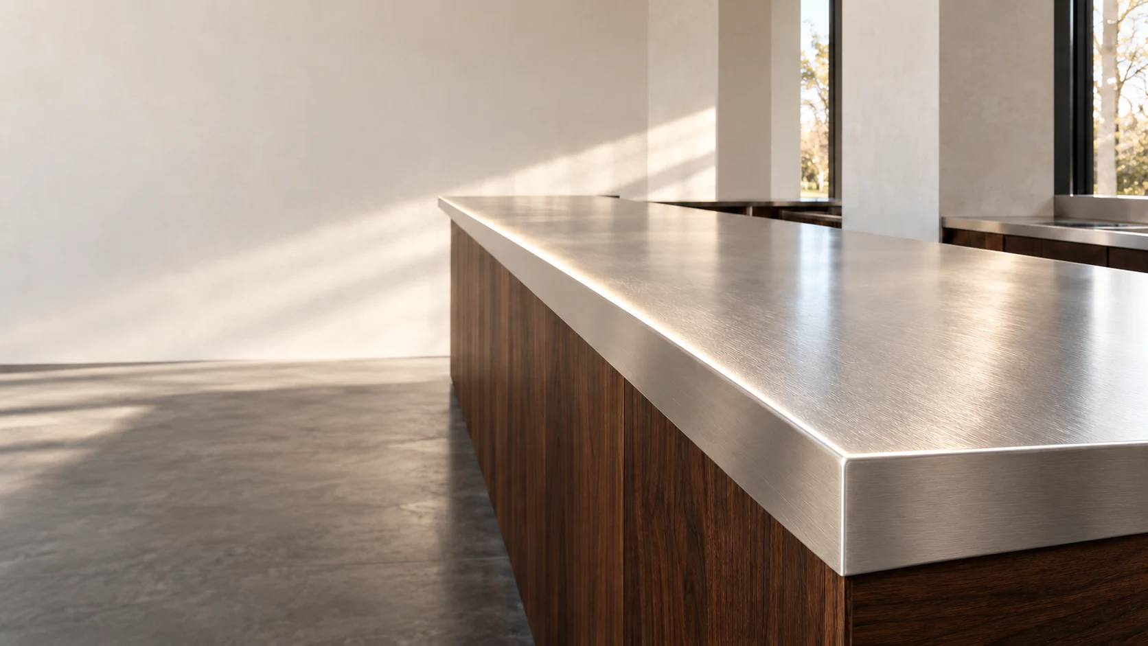 Digital appearance study of one installed stainless bar top with a small formed front edge in architectural daylight
