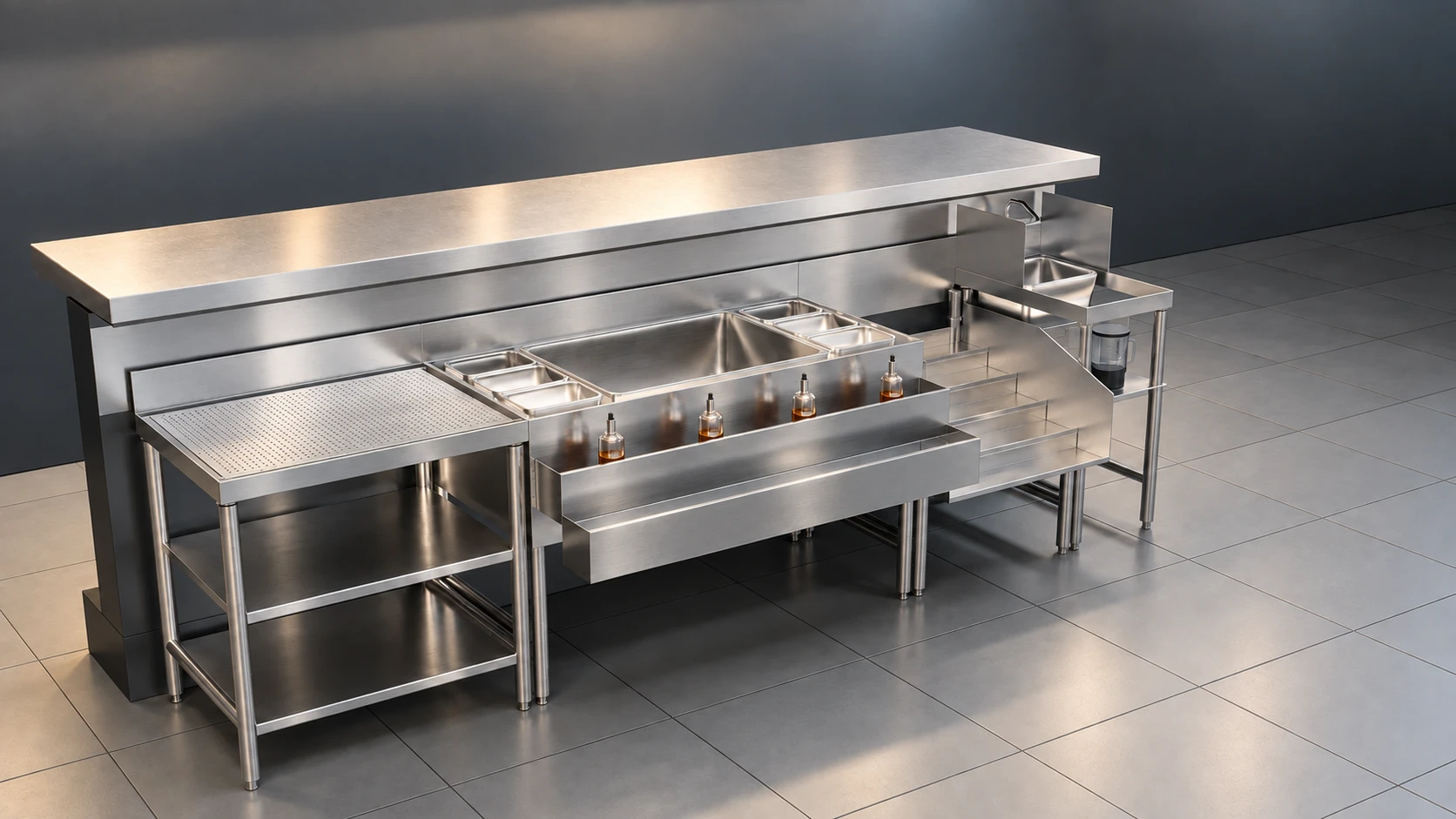 Rendered source-based 116-inch equipment run: drainboard, cold-plate ice bin, liquor steps and blender sink facing the bartender aisle