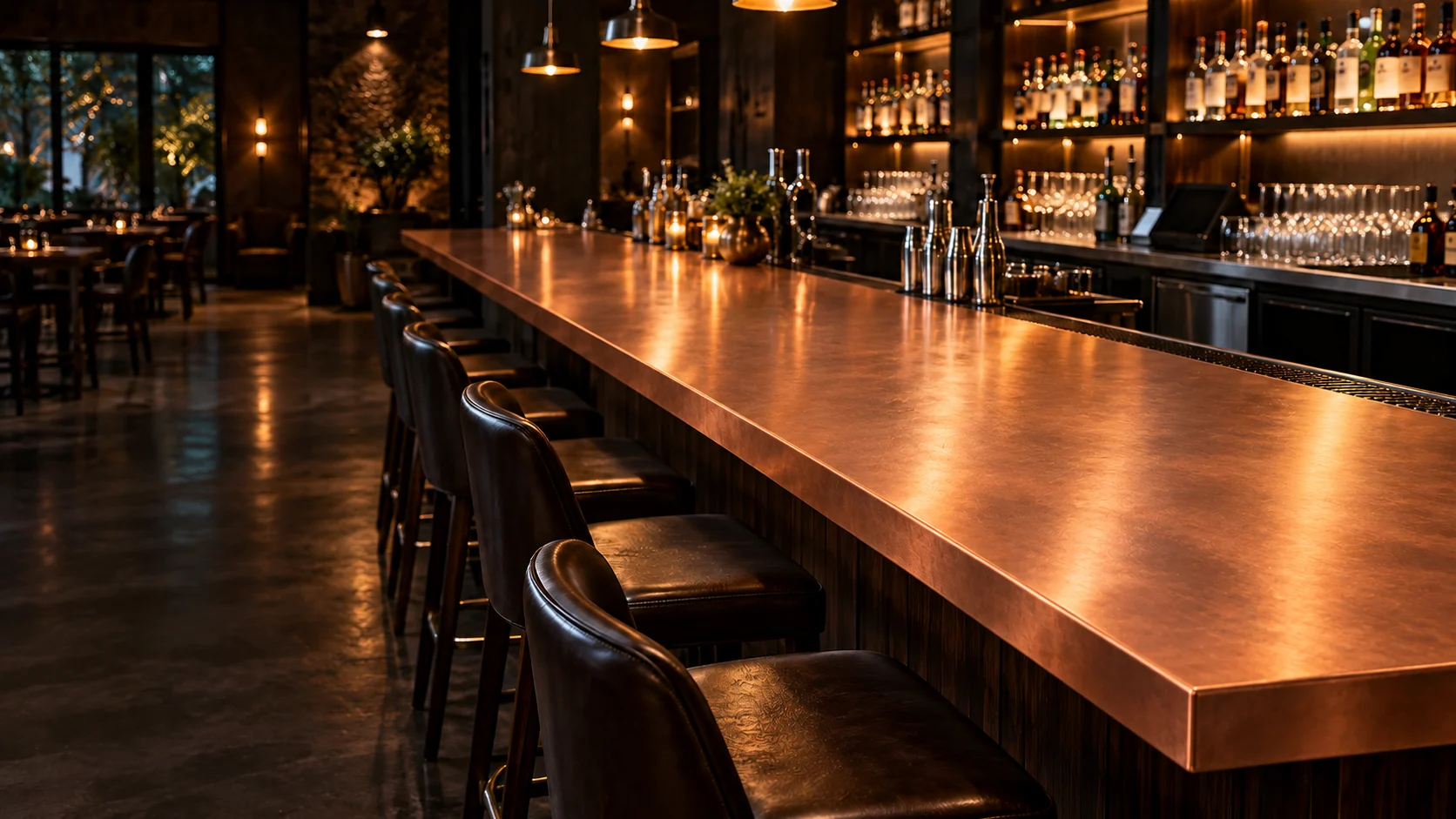 Digital appearance study of a warm copper bar top installed in a restaurant